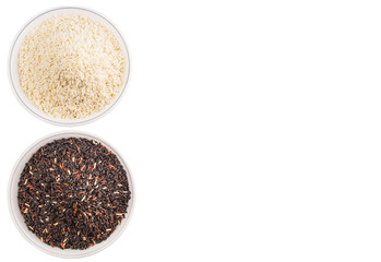 Black and white glutinous rice in bowl over white background