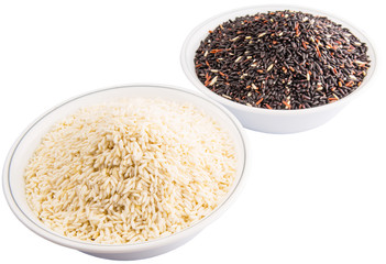 Black and white glutinous rice in bowl over white background