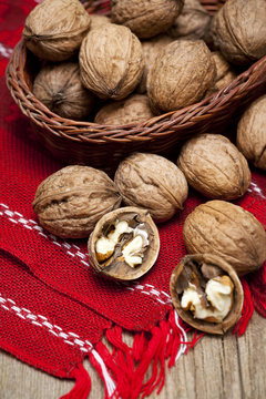 fresh walnuts in  wicker basket