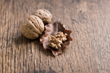 Walnuts on wooden table