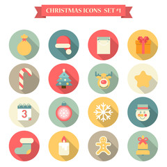 Christmas New Year icon set flat style objects Santa hat elk etc