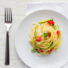 Spaghetti with Zucchini, Leeks and Fresh Tomato