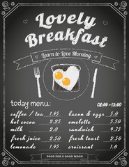 Breakfast menu on the chalkboard