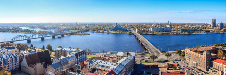 Riga panorama view looking over all bridges