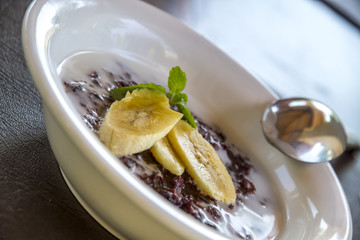 balinese breakfast, black rice, coconut milk