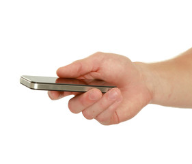 Unknown businessman holding a  mobile phone , isolated on white