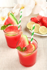 Watermelon cocktail on table, close-up
