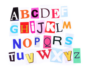 Colorful newspaper alphabet isolated on white