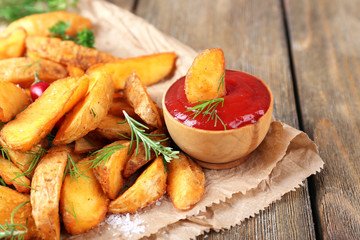 Homemade fried potato with spices and herbs
