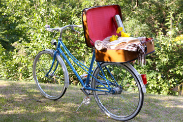 Bicycle and open suitcase on it in shadow in park