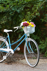 Old bicycle with flowers in metal basket on old wall background