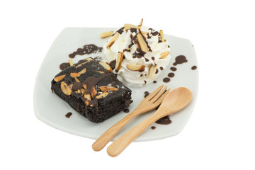 brownie cake in dish on white background