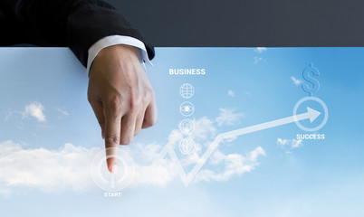 Businessman pressing start business buttons and business graph u
