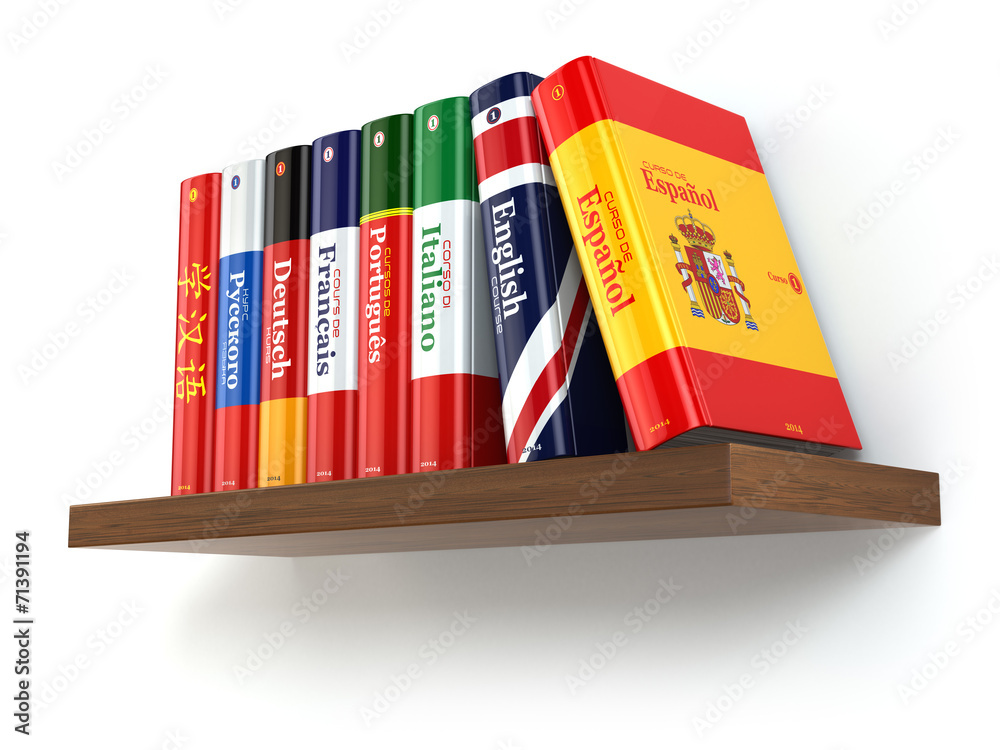 Poster dictionaries on bookshelf white isolated backgound.
