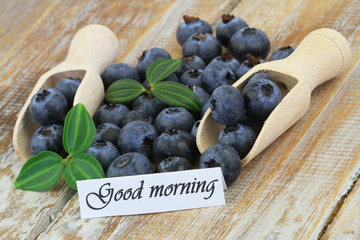 Good morning card with blueberries on wooden scoops