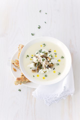 Cream soup of vegetables with ricotta, mushrooms and truffle oil