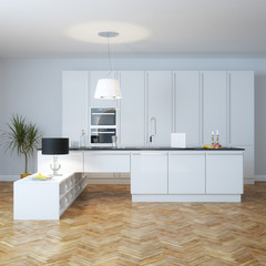 New modern interior kitchen with plant and parquet