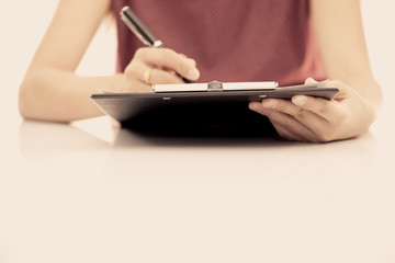 woman hand with pen and business report. Accounting