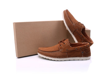 Men's shoes with cardboard on a white background