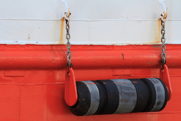 Fenders on board the boat close up. horizontal