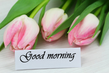 Good morning card with pink tulips