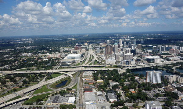 Aerial View Of Downtown Orlando, Florida And Expressways