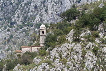 Fototapeta na wymiar Medieval church on the mountain fortress in the Bay of Kotor