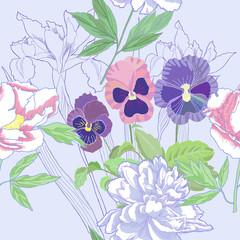 Blue seamless pattern  with peonies and pansy