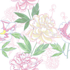 Seamless pattern  with pink peonies
