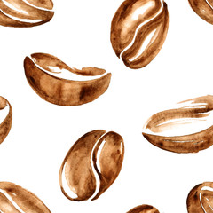 Watercolor coffee beans seamless pattern