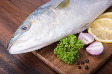 Fresh fish (hamachi fish) and vegetables