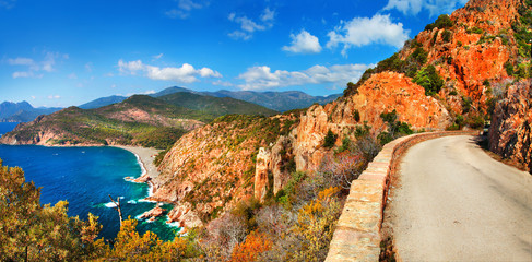 impressive landscapes of Corsica - red rocks Calanques and sea - obrazy, fototapety, plakaty