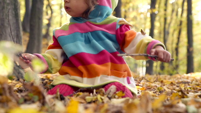 Baby playing with yellow leaves.