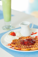 Waffles with Strawberry jam and fresh strawberry