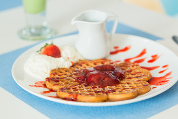 Waffles with Strawberry jam and fresh strawberry