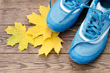 sports shoes and autumn leaves