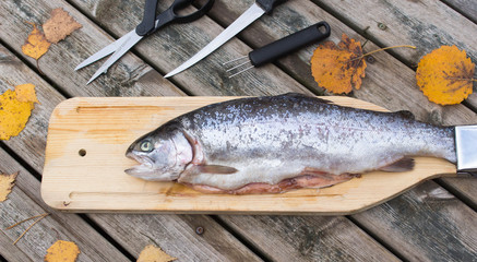 Filleting of raw fish (Rainbow Trout) on wooden background