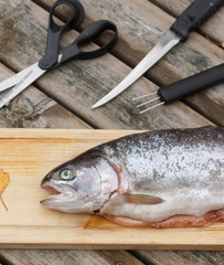 Filleting of raw fish (Rainbow Trout) on wooden background