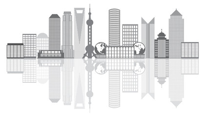 Naklejka premium Shanghai City Skyline Grayscale Outline Vector Illustration