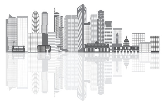 Singapore City Skyline Grayscale Vector Illustration