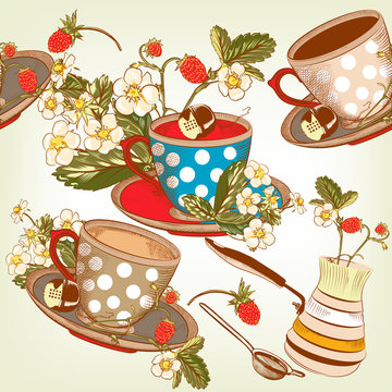 Beautiful seamless wallpaper pattern with cups of tea and strawb