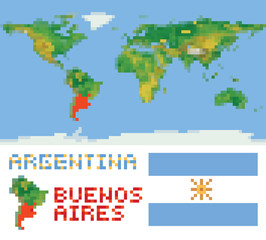 Argentina on physical world map, shape flag and capital buenos