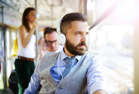 Hipster Business Man On Tram