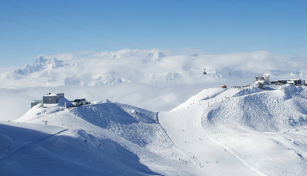 Cable car station on the top of swiss mountains with mont blanc