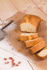 Close up of fresh tasty sliced cake.