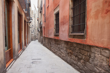 Narrow Alley in Gothic Quarter of Barcelona