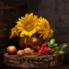 Autumn composition with flowers sunflower