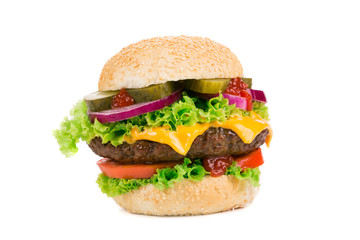 Big hamburger on white background