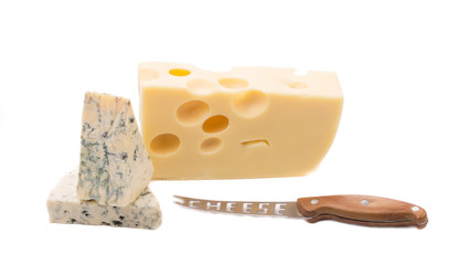 Various cheeses on a white background