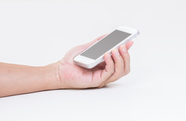 Man hand hold mobile phone on white background